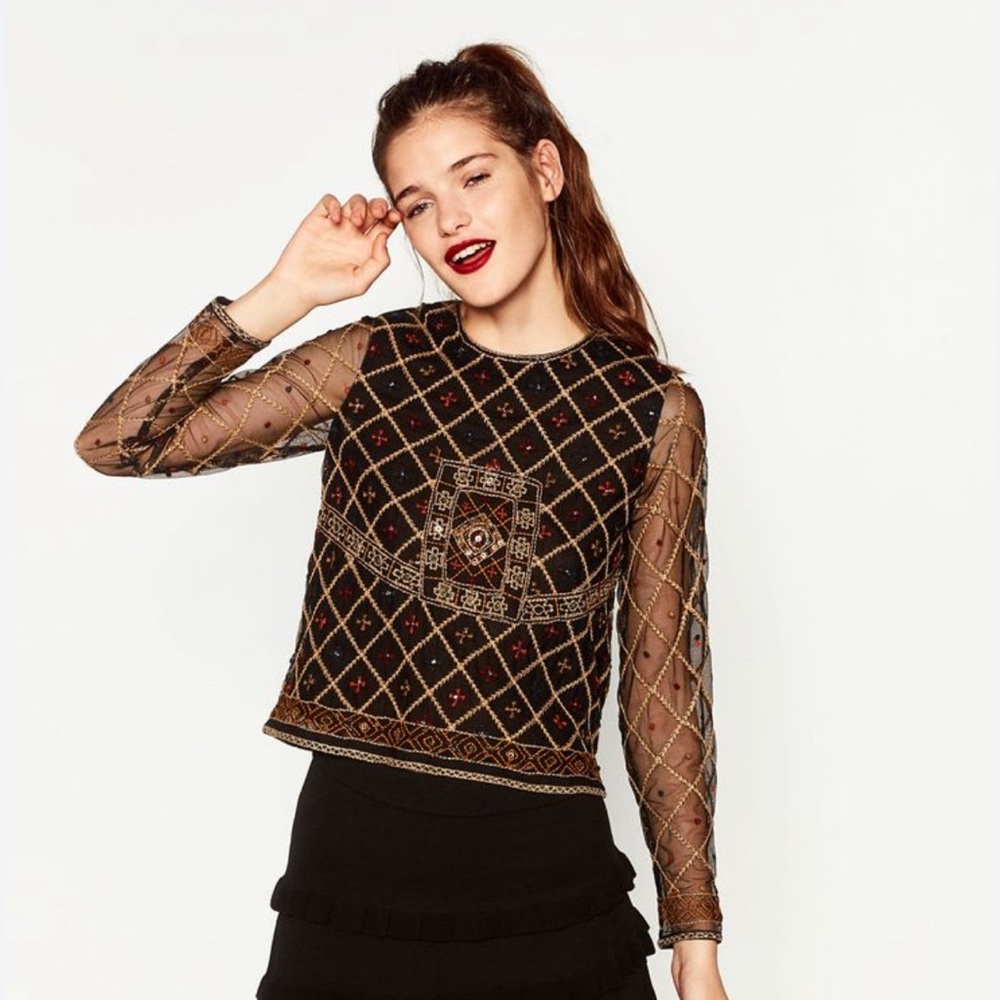 ZARA Women's Black Embroidered Embellished Long Sleeve Top Small
